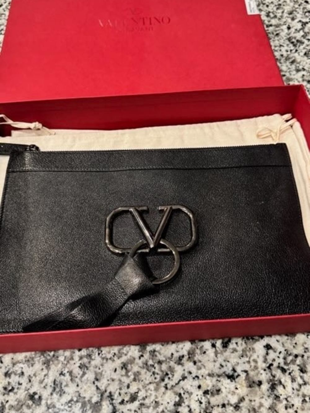 Valentino Black Leather Pouch with Red Interior Tag and Silver V Logo